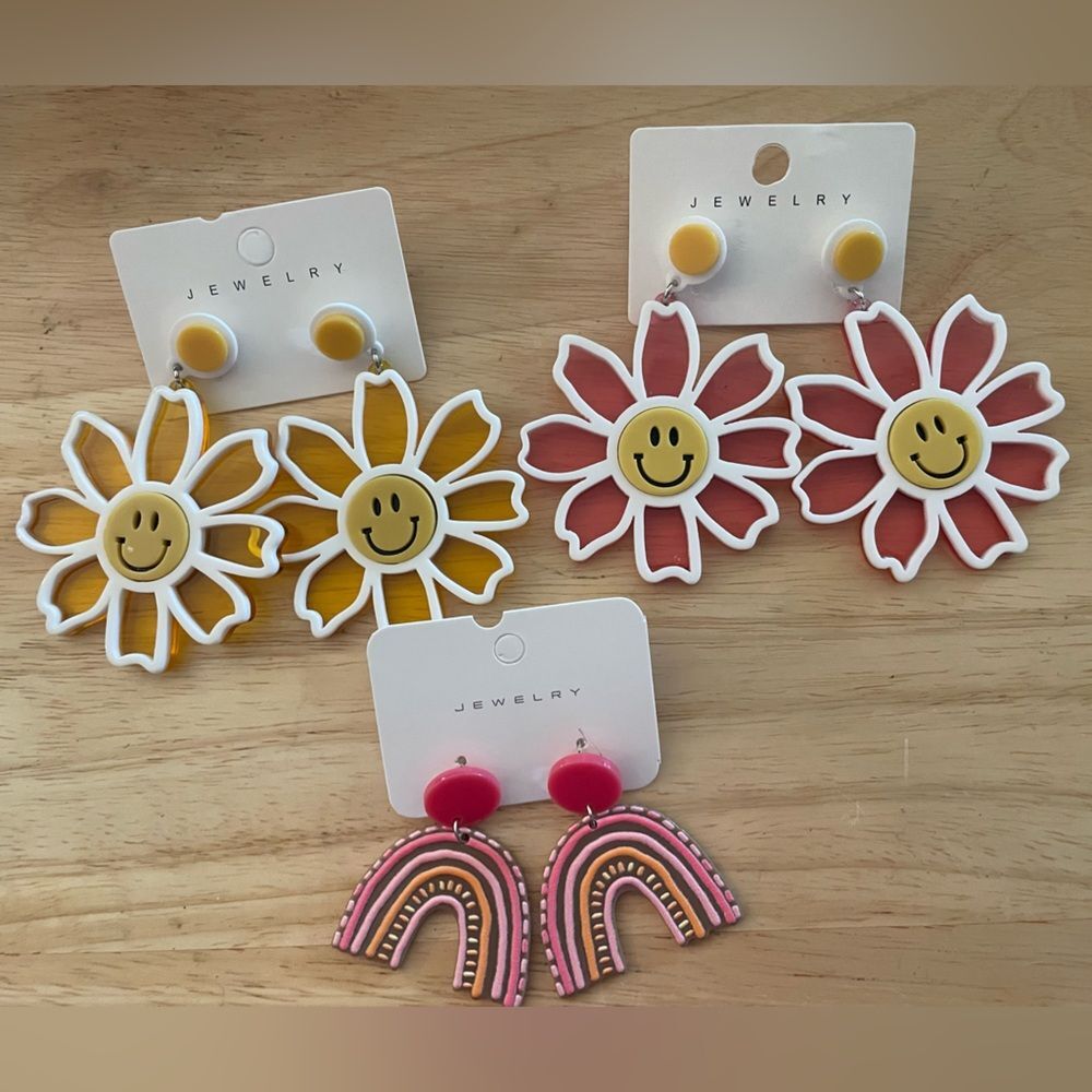 Set of three fun earrings Smiley Face Sunshine rainbows happy days smile jewelry